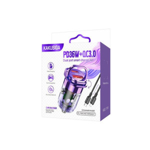 Încărcător Auto (KSC-1193) + Cablu Lightning, 1m, PD36W, 1xUSB-C, 1xUSB-A, Mov фото