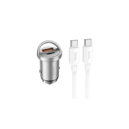 Încărcător auto dual NZ10 1 x USB-C 45W, 1 x USB QC 3.0 18W, cablu USB-C la USB-C argintiu