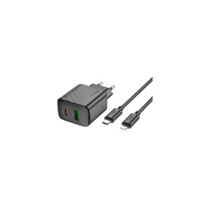 Încărcător de rețea + cablu Lightning (CS23A), 1m, PD30W, 5V, 3A, 1xUSB-C, 1xUSB-A, FCP/AFC, Negru фото