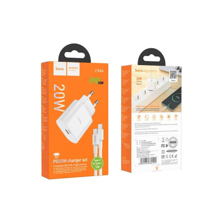 Set încărcător pentru iPhone 15/16 și Android, adaptor C94A + cablu Type-C 1m, încărcare rapidă PD20W,