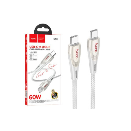 Cablu date și încarcăre (U133), USB-C, PD60W, QC3.0, 3A, împletit, 1.2m, gri