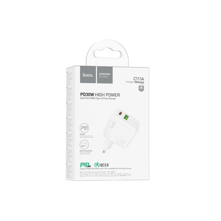 Încărcător cu alimentare de 30W, porturi duble, USB-A 18W + USB-C 30W, QC 3.0, încărcare rapidă, seria Lucky