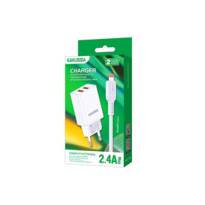 Încărcător de rețea + cablu Lightning, 18W, 2.4A, 2xUSB-A, QC 3.0, ALB фото