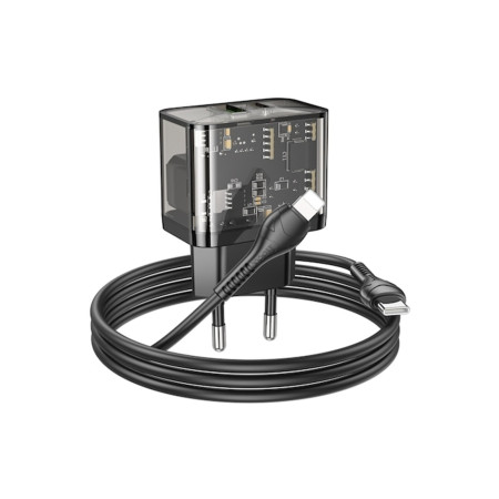 Încărcător USB, Tip-C, QC3.0, 20W + Cablu Tip-C la Lightning, 1m, Dazzling (N34), Negru Transparent