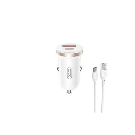 Încărcător auto XO CC56 PD 30W QC 1x USB 1x USB-C Alb + Cablu USB - USB-C