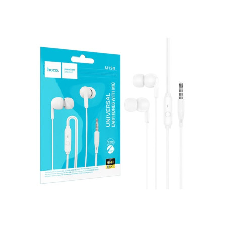 Casti cu fir (M124), In Ear, 3.5mm, 1.2m, Buton microfon și volum, HiFi, Alb