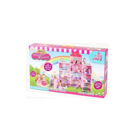 Casă de păpuși roz cu 3 etaje și mobilier, 80x72 cm – Set de joacă DIY Dream House