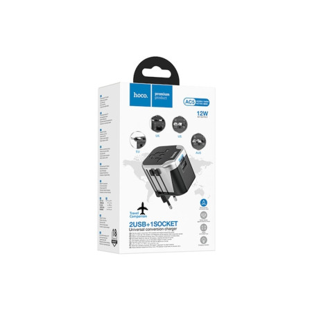 AC5 Convertor Priza, 2xUSB-A, Adaptor Universal, EU/UK/US/AUS, Negru