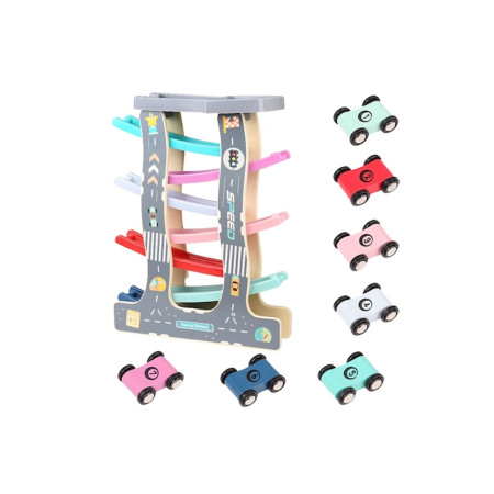 Wooden Circuit with 7 Tracks and Cars, Multicolor