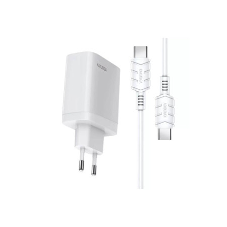 Încărcător de rețea, 40W PD, încărcare rapidă 3.0, 2 porturi USB-C + cablu tip C, alb