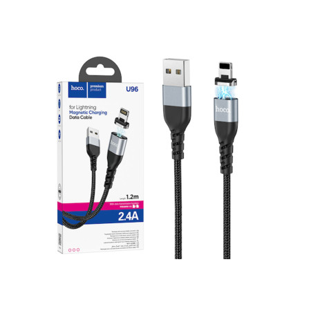 Cablu magnetic USB-A la Lightning pentru încărcare și sincronizare date, 2.4A, 1.2m, U96 Traveller, negru