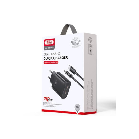 Incarcator Retea (L105) + Cablu Lightning, 35W, 2xUSB-C, PD, Negru