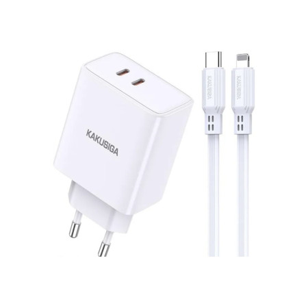 Încărcător de rețea, 40W PD, încărcare rapidă 3.0, 2 porturi USB-C + cablu Lightning, alb