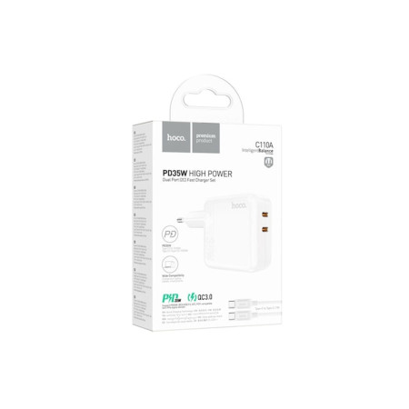 Încărcător de perete + cablu USB-C, 35W, 2xUSB-C, PD, alb