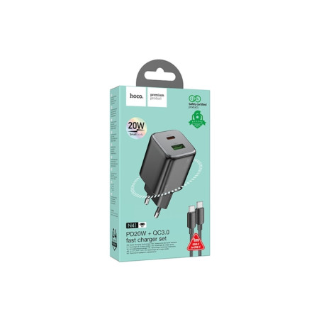 Incarcator Retea (N41) + Cablu USB-C, 20W, 1xUSB-C, 1xUSB-A, PD, QC 3.0, Negru