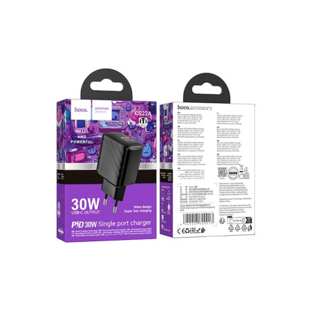 Incarcator Retea + Cablu USB-C (CS22A), 1m, PD30W, 1xUSB-C, QC/FCP/AFC, Negru