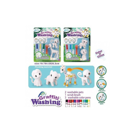 Set de colorat creativ – 2 figurine de animale, 3 markere colorate, pensulă