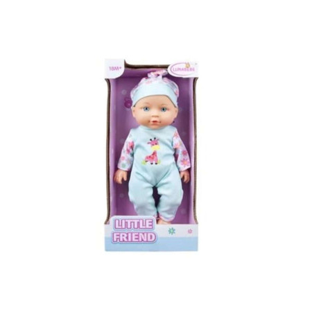 Papusa bebelus Little Friend cu costum albastru si imprimeu girafa, 27 cm