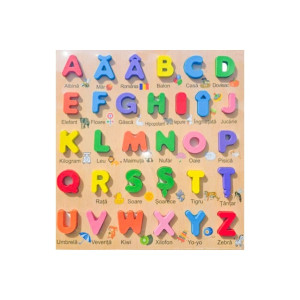 Puzzle educativ din lemn cu alfabet – litere mari, ilustrații și cuvinte românești, 30 c фото
