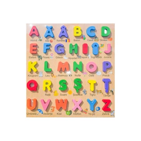 Puzzle educativ din lemn cu alfabet – litere mari, ilustrații și cuvinte românești, 30 c