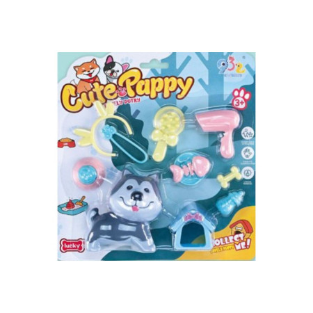 Set de jucării cu cățeluș gri și accesorii 22x22 cm