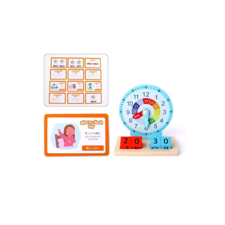Ceas Montessori din lemn educativ și interactiv cu alarmă, diverse forme geometrice și culori