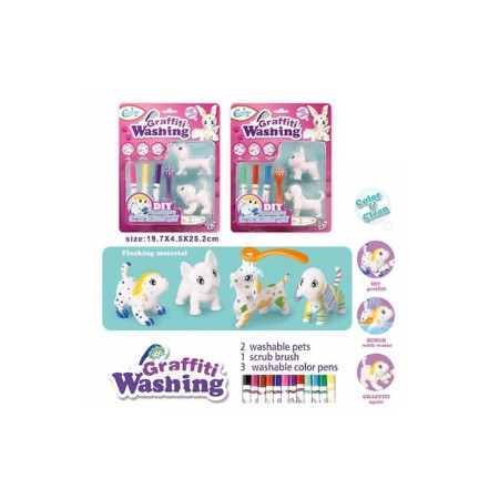 Set de desen creativ – 2 figurine de animale, 3 markere colorate, pensulă
