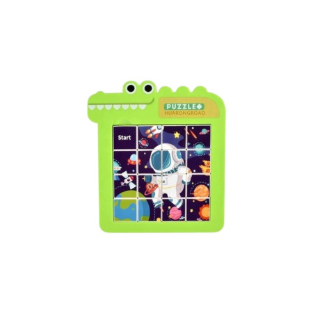 Puzzle cu blocuri glisante – pentru copii, model crocodil, verde, 16x14 cm
