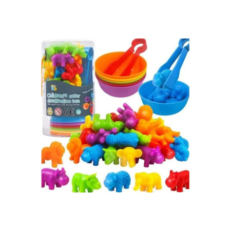 Set de sortare Montessori cu pensetă și recipiente – Animale colorate