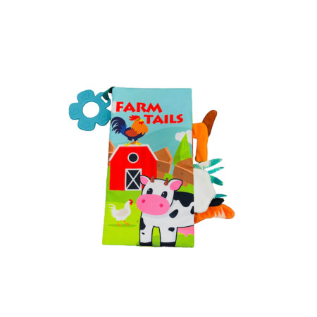Carte senzorială pentru bebeluși, cu animale colorate și inel de dentiție din silicon, Cozi de fermă