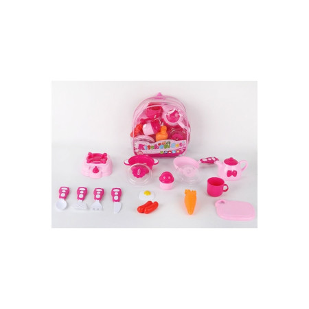 Set de ceai pentru copii, accesorii de bucatarie in rucsac transparent, Roz