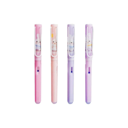 Set de 12 pixuri cu gel „Iepuraș drăguț”, design pastel cu imprimeu de iepurași, cerneală neagră, vârf subțire de 0,5 mm