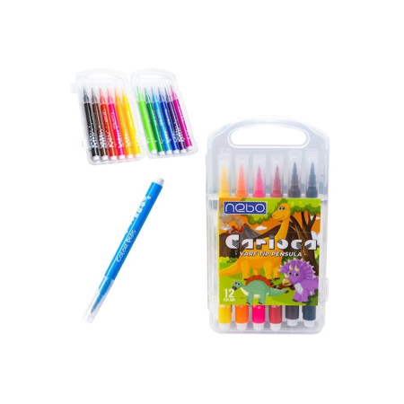 Set de markere cu vârf subțire și flexibil NEBO, 12 culori, în cutie de plastic