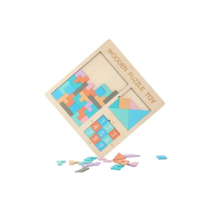 Joc de puzzle din lemn 3 în 1 - Tetris, Tangram și puzzle cu numere, 30x30 cm, bej фото
