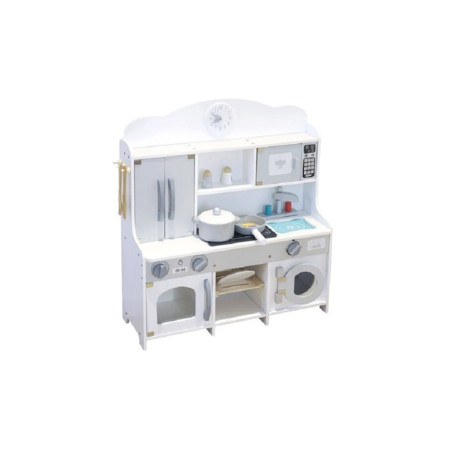 Bucătărie pentru copii din lemn cu mașină de spălat, culoare albă, cu 12 accesorii, 64x69x23 cm