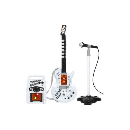 Chitară electrică pentru copii, Rock'n'Roll + Amplificator + Microfon, 72x24 cm, Alb