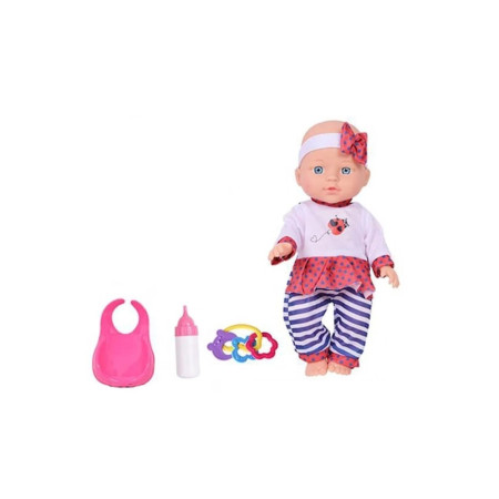 Păpușă bebeluș cu haine, biberon și jucării zornăitoare, plastic, 28 cm, multicoloră, 18+ luni