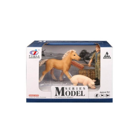 Set de figurine animale din plastic pentru copii, cal și porc maro deschis cu fermier, 17x9x12 cm