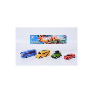 Set of 4 toy cars for children - two buses, one off-road vehicle and one small car, multicolored Set of 4 toy cars for children - two buses, one off-road vehicle and one small car, multicolored фото