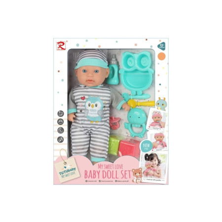 Păpușă bebeluș cu accesorii, vase și jucării, 33 cm, turcoaz